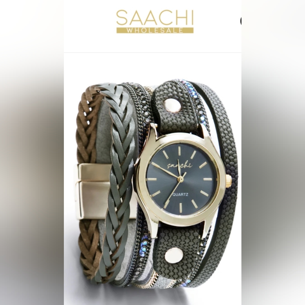 Saachi Gold And Green Braided Strap Watch